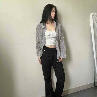 Button-down Check Button Oversized Long Sleeve Shirt