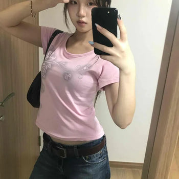 Color Block Floral Embroidery Round Neck Slim Fit Crop Short Sleeve Tee