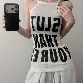Strap See-through Lettering Slim Fit Sleeveless