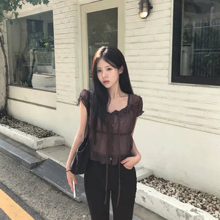 Spin Lace See-through Summer Short Sleeve Blouse