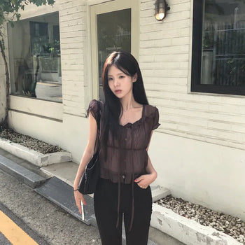 Spin Lace See-through Summer Short Sleeve Blouse