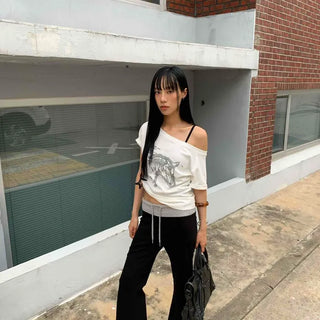 Horse Lettering Graphic Boat Neck Oversized Short Sleeve T-shirt