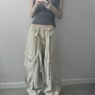 Cargo Pocket, Flap Pocket, Shirred, String, Washed, Oversized Wide Long Pants