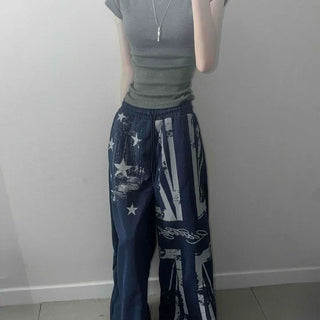 British Flag Lettering Star Jogger Elastic Waist Wide Training Long Pants