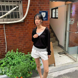 Bamboo See-through V-Neck Loose Fit Crop Layered Knit
