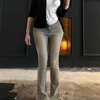 Washed Flap Pocket Button Bootcut Flare Slim Fit Long Pants