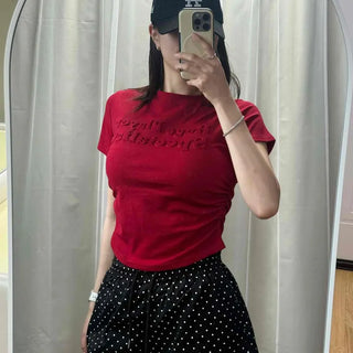 Shirred Lettering Slim Fit Short Sleeve T-shirt