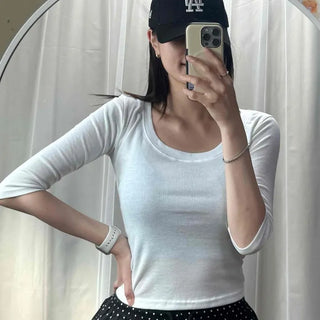Cutout Plain Slim Fit 3/4 Sleeve Short T-shirt