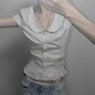 Check Smocking Band Back Ribbon Rounded Collar Peplum Slim Fit Short Sleeve Blouse