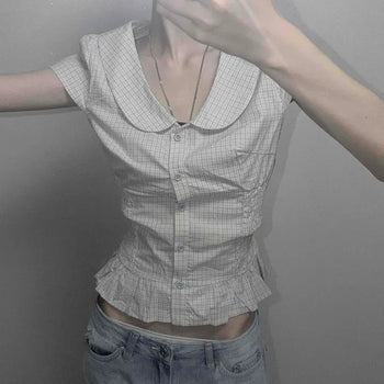 Check Smocking Band Back Ribbon Rounded Collar Peplum Slim Fit Short Sleeve Blouse