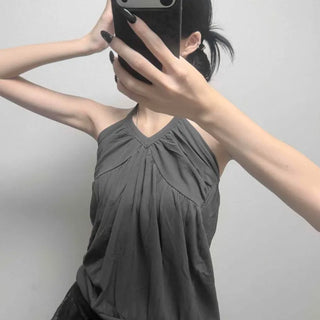 Shirred Drape Ribbon Backless Strap Loose Fit Sleeveless