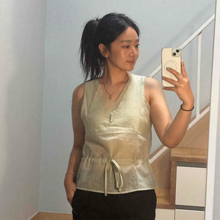 Button String Shirred See-through Plain Sleeveless Blouse