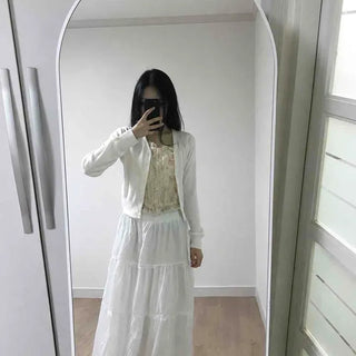 Cotton Lace Frill Tiered Elastic High-Waisted Maxi Long Skirt