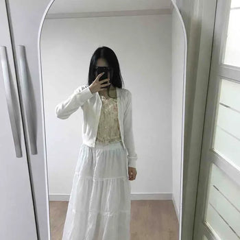 Cotton Lace Frill Tiered Elastic High-Waisted Maxi Long Skirt