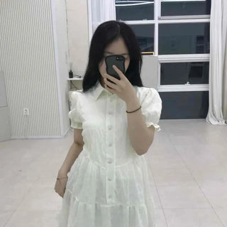 Shirred Frill Button-Down Tiered A-Line Short Sleeve Mini Dress