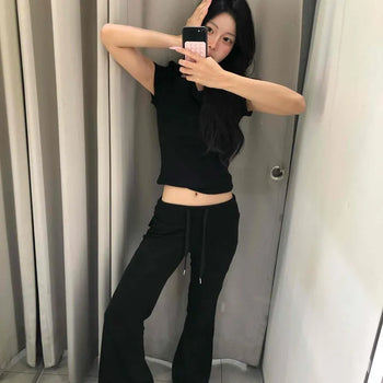 Loose Fit String Flap Pocket Snap Flare Long Pants