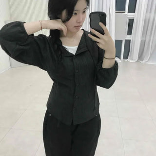 Ribbon Shirred String Button-Down Plain Long Sleeve Blouse