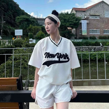 Lettering U-Neck Sweatshirt with Drawstring Loose Fit Short Sleeve Training Set