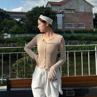 Frill Button-Down Slim Fit Plain Long Sleeve T-shirt