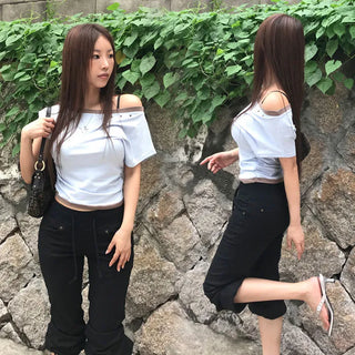 Eyelet Off-Shoulder Short Sleeve T-Shirt [Modal 38%]