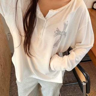 Lettering Print Button-Down Long Sleeve T-Shirt