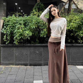 Color Block String Straight Loose Fit Long Skirt