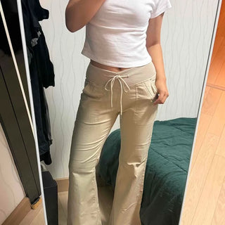 Loose Fit Bootcut Flare Long Pants with String Flap Pockets