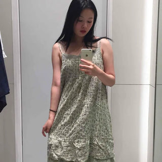 Flower Pintuck Shirred Strap Sleeveless Mini Dress