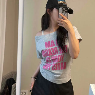 Lettering Off-the-Shoulder Slim Fit Short Sleeve T-shirt