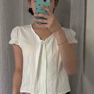 Chiffon Pintuck Frill Tie Ribbon Peplum V-Neck Crop Blouse