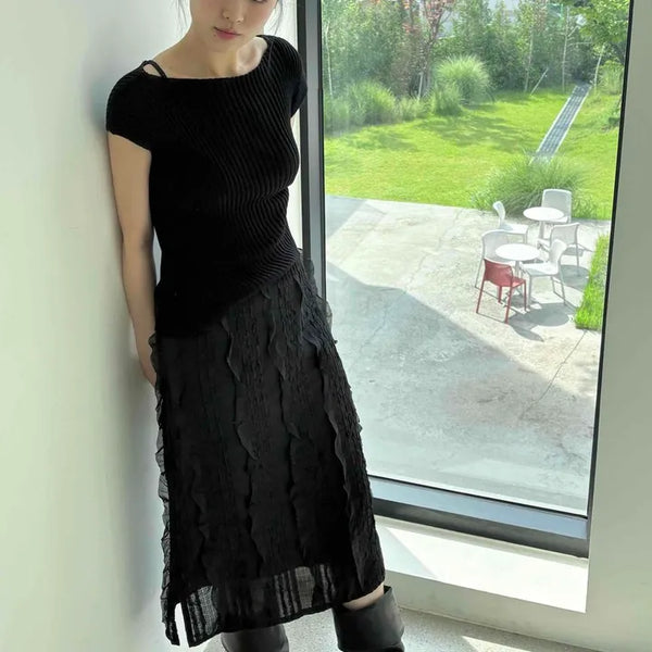 Loose-fit Frill Shirred Pintuck H-line Long Skirt