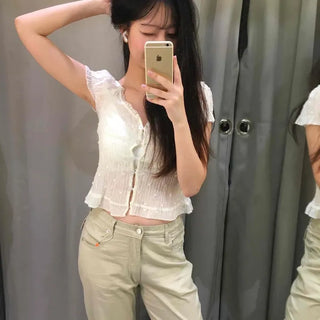 Frill Shirred Button-Down Plain Cap Sleeve Blouse