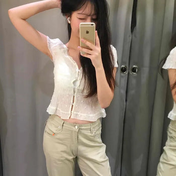 Frill Shirred Button-Down Plain Cap Sleeve Blouse