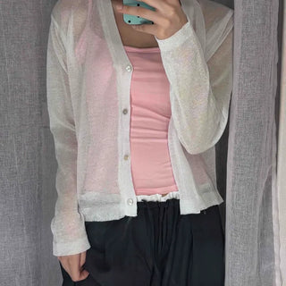 Linen See-through V-neck Button Loose Fit Crop Cardigan
