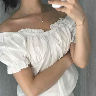 Eyelet Puff Frill Shirring Two-Way Square Neck Slim Fit Crop Blouse
