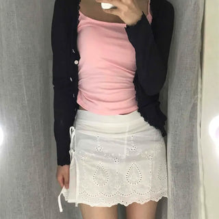 Punched Lace Ribbon String High-Waisted H-Line Mini Skirt with Undershorts