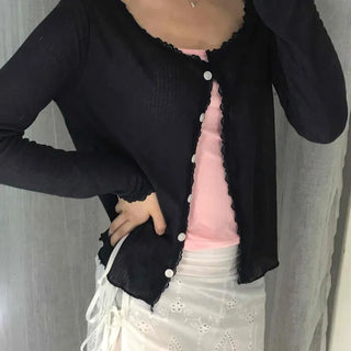 Ribbed Round Neck Lace Button Delicate Fit Long Sleeve Knit Cardigan