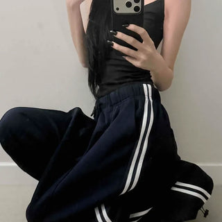 Striped Contrast Shirred String Flap Pocket Slit Oversized Wide Training Bottoms