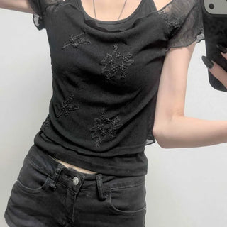 Halter Neck Strap See-through Layered Flower Slim Fit Cap Sleeve Short Sleeve T-shirt