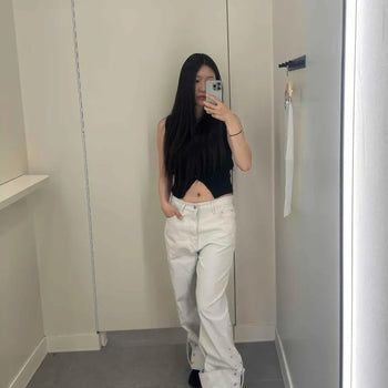 Loose Fit Eyelet Snap Slit Wide Daily Long Pants