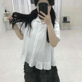 Frill Pintuck Shirred Button-Down Short Sleeve Blouse