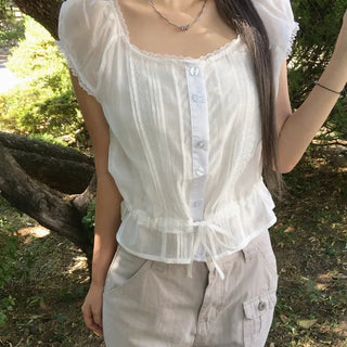 Raon Lace Shirred See-through Blouse