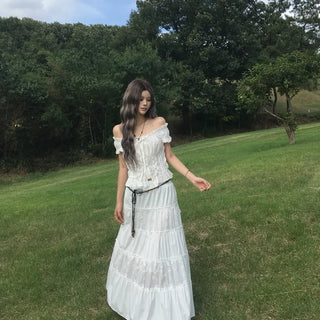 Blly Flower Embroidery Tiered Long Skirt