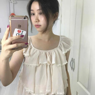 Chiffon See-through Tiered Frill Cap Sleeve Round Neck Blouse