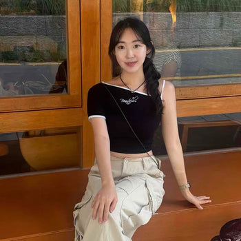 Square Neck Cap Sleeve Butterfly Lettering Embroidery Contrast Stretchy Slim Fit Crop Short Sleeve Tee