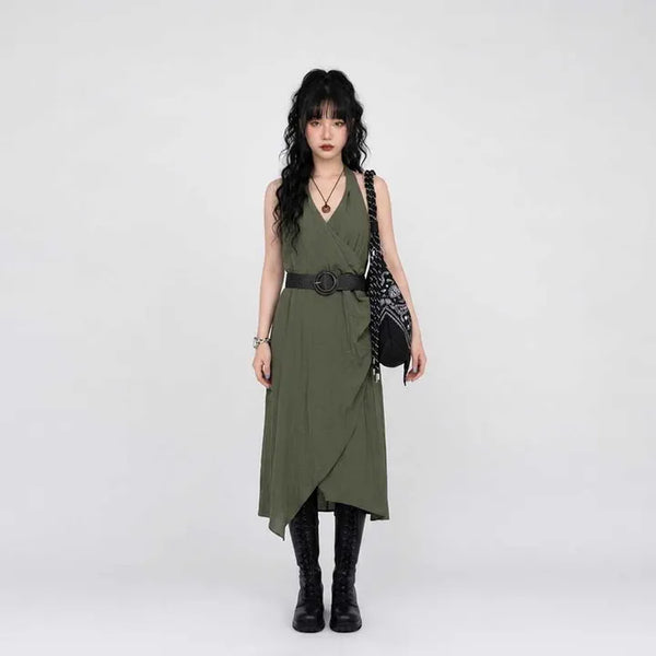 Olive Buckle Belt Halter Linen Dress
