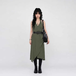 Olive Buckle Belt Halter Linen Dress