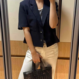 Short Sleeve Single Button Pocket Crop Blazer Jacket