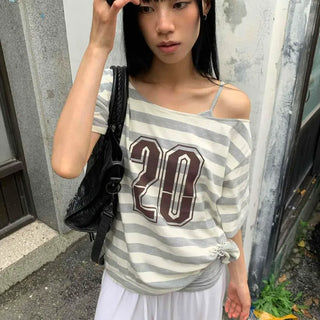 Striped Loose Fit Cropped Asymmetrical Slit Short Sleeve Tee
