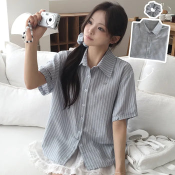 Cute Oversized Seersucker Linen Striped Pendant Sleeve Roll-up Scrunchie Set Short Sleeve Shirt
